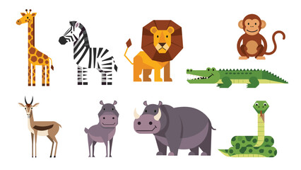 Fototapeta premium Set of diverse safari and jungle animals in a blocky pixel art style including a giraffe, zebra, lion, and rhino.