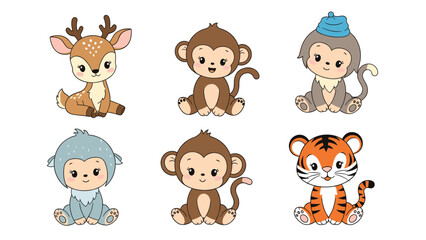 Fototapeta premium Adorable collection of baby cartoon animals including a deer, monkey, tiger, and Yeti sitting and looking cute.