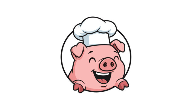 Happy cartoon pig wearing a white chef hat peeking through a circle and smiling with a friendly expression.