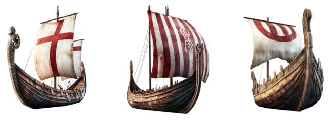 Set of realistic viking ships isolated on transparent background, PNG