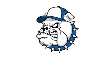Tough bulldog head wearing a blue and white baseball cap and a spiked collar with an angry expression on white.