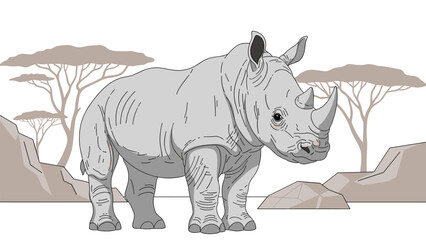 Obraz premium Large rhinoceros standing in a dry savanna landscape with acacia trees and rocky terrain in a detailed grey style.
