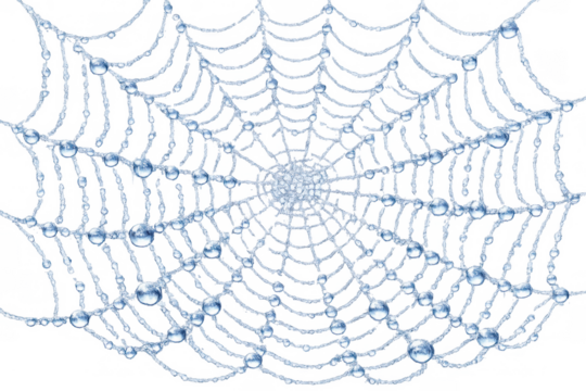 Spider web threads holding numerous shiny transparent water droplets on a humid morning, isolated with clipping path - Powered by Adobe