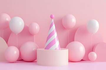 A stylish birthday hat in pink and white stripes sits atop a round pedestal. Soft pastel balloons in shades of pink adorn the clean surroundings, creating a cheerful atmosphere for fun festivities