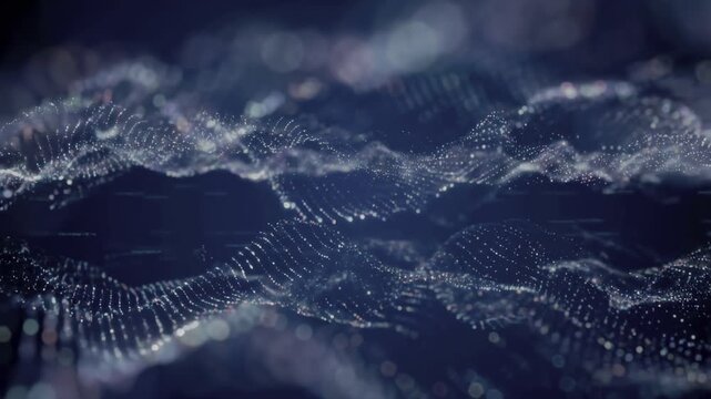 Abstract digital wave patterns with glowing particles. Represents data visualization, technology, and innovation in a modern digital landscape