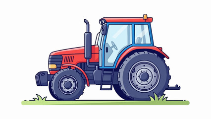Obraz premium Red farm tractor with blue cab, large rear wheels, on green grass