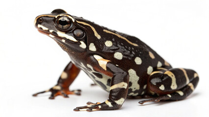 Fototapeta premium Black and yellow poison dart frog isolated on white background, exotic amphibian