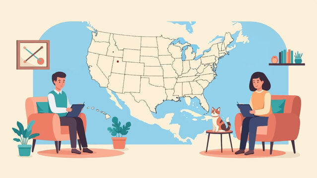 People in chairs with a US map and a cat in a room
