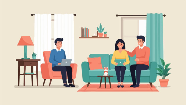People in living room using laptops and tablets with a dog