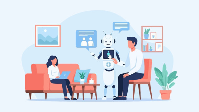 People interact with a humanoid robot in a modern living room setting