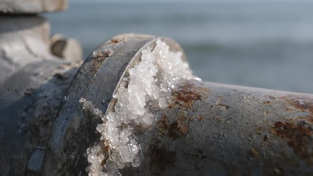 Close-up of white salt crystals on rusty metal pipe joint outdoors with blurred sea on background, salt melting and water dripping from the surface. Corrosion and environmental impact concept