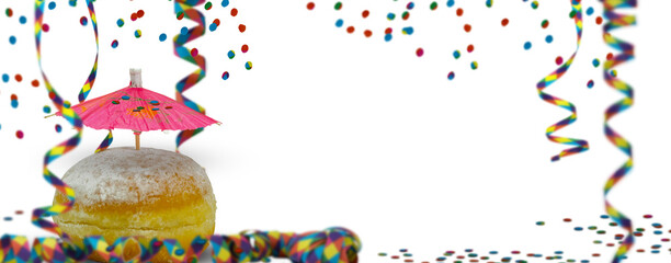 close-up of party decoration scene with colorful paper streamers, falling confetti and Berliner donut cake isolated on transparent background with copy space, party decoration texture overlay template