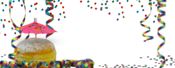 close-up of party decoration scene with colorful paper streamers, falling confetti and Berliner donut cake isolated on transparent background with copy space, party decoration texture overlay template