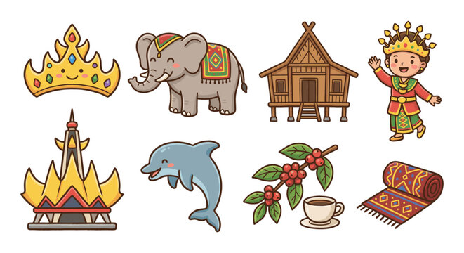 Set of Lampung Indonesia Traditional Symbols and Tourist Attractions Illustrations