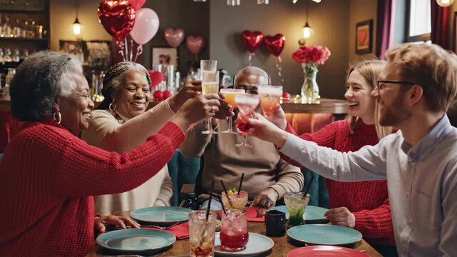 A diverse group of friends and family celebrating with a toast in a restaurant. Multi-generational people clinking cocktail glasses on Valentine's Day. Togetherness and holiday celebration