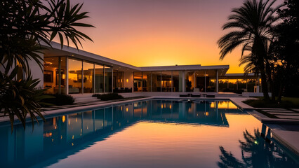 modern house with pool and palm trees at sunset transparent background
