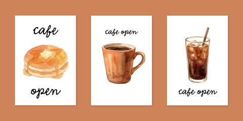 Watercolor-Style Cafe Illustration Card Set/カフェ・コーヒー・スイーツ