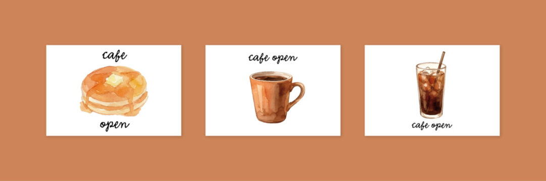 Watercolor-Style Cafe Illustration Card Set/カフェ・コーヒー・スイーツ - Powered by Adobe