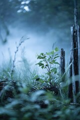 Fototapeta premium A small green plant growing beside a weathered wooden fence in a misty field. Concept Misty field atmosphere, Tiny green plant close-up, Weathered wooden fence texture, Quiet rural morning scene