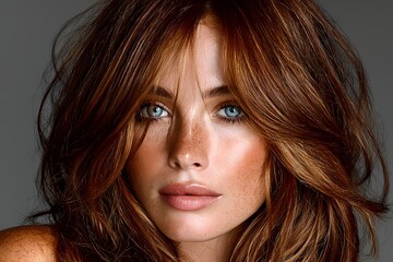 Naklejka premium Portrait of a beautiful young woman with freckles and blue eyes
