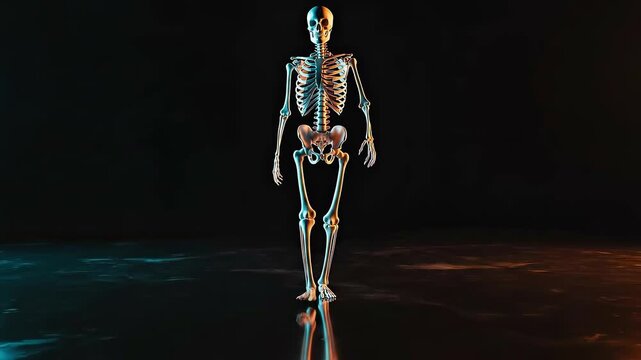 Full body 3d render of a human skeleton walking, dramatically lit in cyan and orange against a dark studio floor.