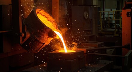 Pouring of molten metal into a mold with bright sparks. Metallurgy industry production with casting process. Foundry factory work.