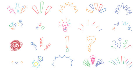 Colorful handdrawn doodle elements expressing emotions ideas and comic style actions on a white background