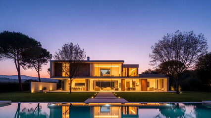 Modern luxury house with pool and garden at dusk transparent background