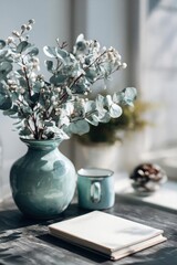 Fototapeta premium Eucalyptus stems in a teal vase on a wooden table with a mug and notepads. Concept Eucalyptus centerpiece with teal vase, Wooden table desk setup, Mug and notepads for a cozy workspace
