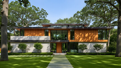 Modern twostory house with wood and glass exterior transparent background