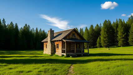 rustic log cabin in a green meadow surrounded by trees transparent background