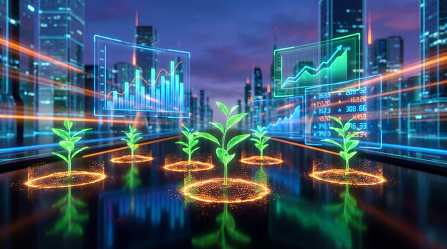 Finance investment technology growth data plant city digital future innovation glowing plant growth with digital finance data futuristic city - Powered by Adobe