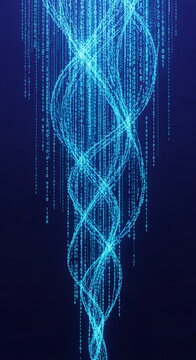 Abstract image of intertwined strands formed by binary code, suggesting data flow, digital transformation, or genetic code concept