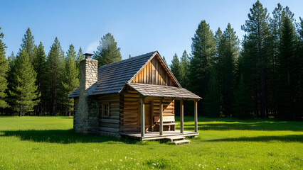 small wooden cabin in a forest clearing with green grass transparent background