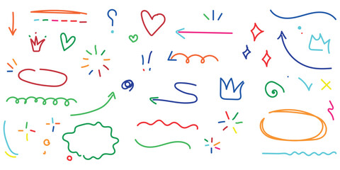 Colorful handdrawn doodle collection featuring arrows shapes underlines hearts and crowns for creative design projects