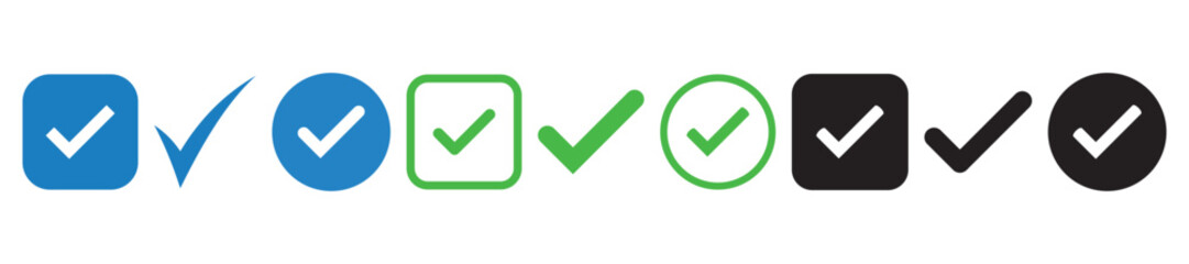 Green check mark icon set with circular and square outline checkbox tick symbols, flat isolated vector pictograms for approval, validation, success, completed task, OK sign