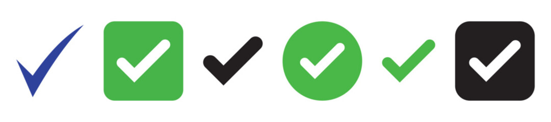 Green check mark icon set with circular and square outline checkbox tick symbols, flat isolated vector pictograms for approval, validation, success, completed task, OK sign