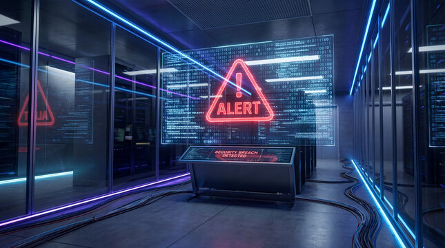 Cyber security alert data breach server room neon sign warning symbol computer code data center digital technology cyber alert scene - Powered by Adobe