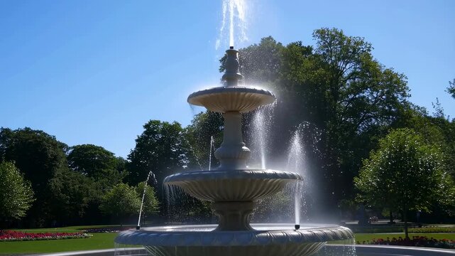 Elegant three-tiered fountain in a serene park setting, showcasing water splashes and sunlight. A symbol of tranquility and natural beauty in outdoor spaces