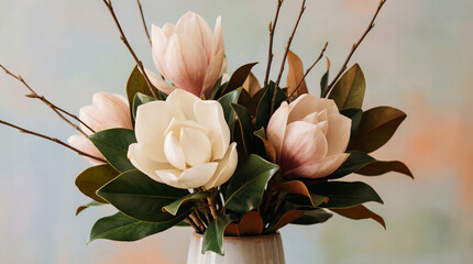 Soft magnolia flower bouquet pastel background white bloom pink petal green leaf ceramic vase home decor spring floral arrangement