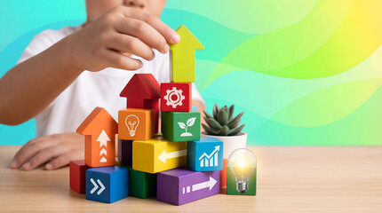 Child hand colorful block arrow growth concept learning child hand colorful block arrow growth concept learning education strategy planning