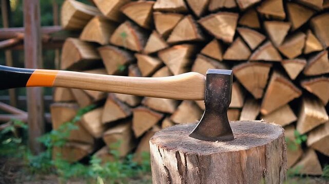 Axe Embedded in a Log, Capturing the Essence of Wood Cutting and Preparation for Winter