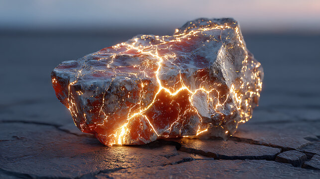 Hyper-realistic macro shot of a volatile elemental rock radiating intense orange light from internal cracks on a dark, fractured geological surface.