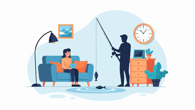 Person on couch with laptop, silhouette fishes indoors with rod
