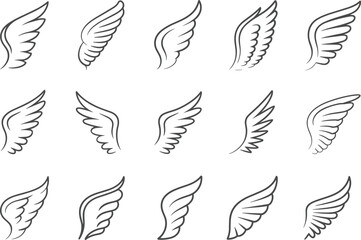 Obraz premium Minimal wing icon set collection of hand drawn angel bird feather line art symbols isolated on white background for logo branding tattoo design vector illustration