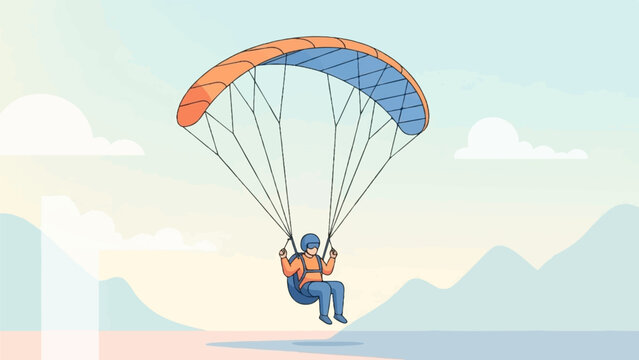 Person paragliding over soft-colored mountains and clouds