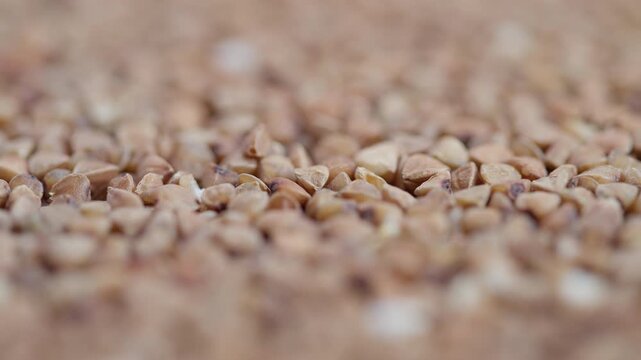 Tiny triangular grains in focus, Close examination of buckwheat groats showing triangular shapes amidst gentle light and blurred background for culinary display