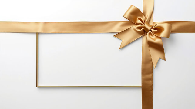 A luxury minimalist design showcases a thin rectangular gold frame against a clean white background, accented by a satin gold ribbon that forms an elegant bow in the upper right corner.