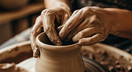 Close-up of skilled hands shaping wet clay on a pottery wheel in a traditional workshop, demonstrating craftsmanship and artistic creation.