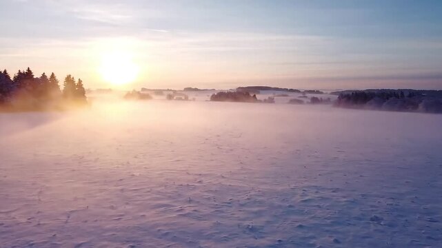 Serene winter landscape with foggy sunrise over snowfield